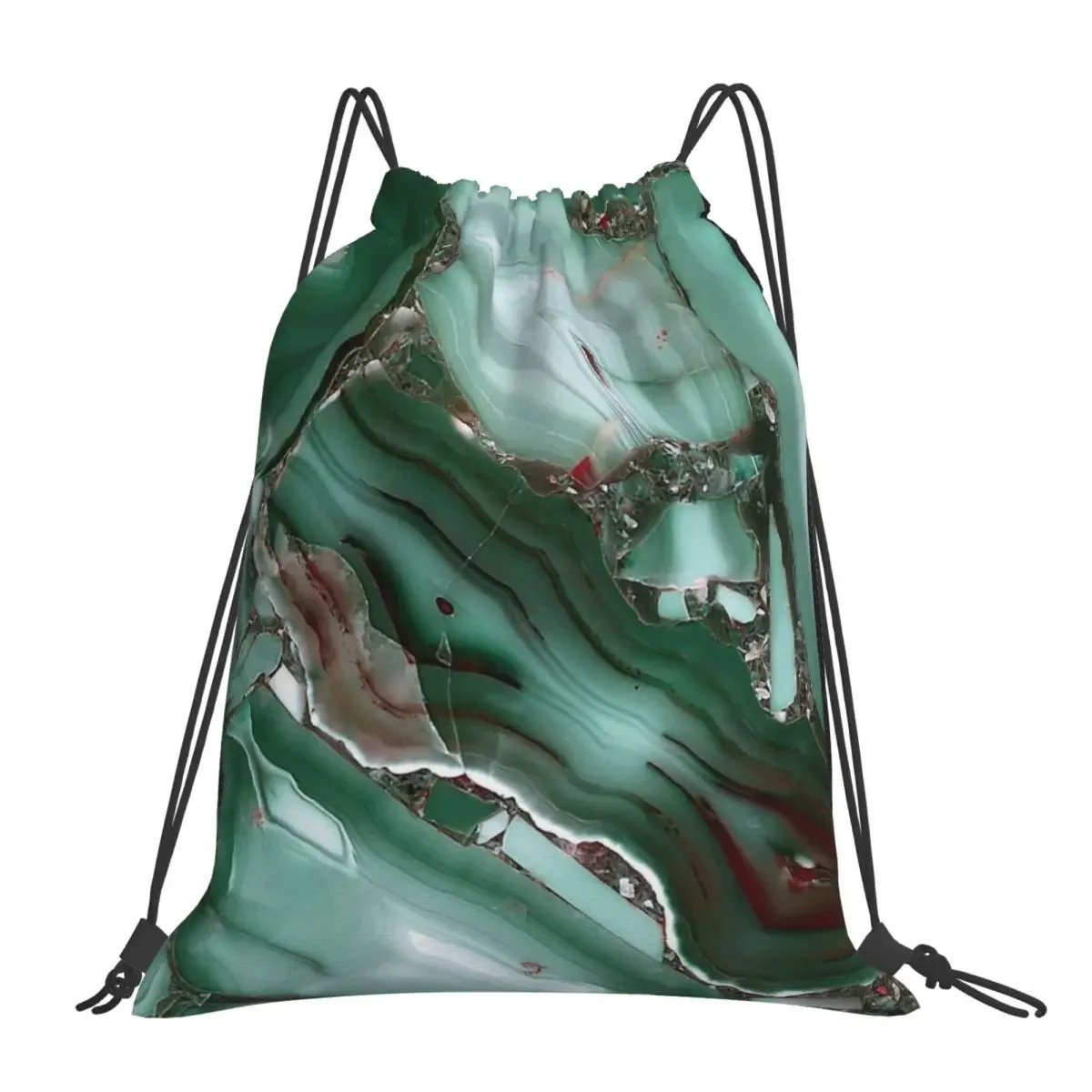 Trend Green Faux Malachite Marble Backpack Portable Drawstring Bags Drawstring Bundle Pocket Shoes Bag BookBag For Man Woman