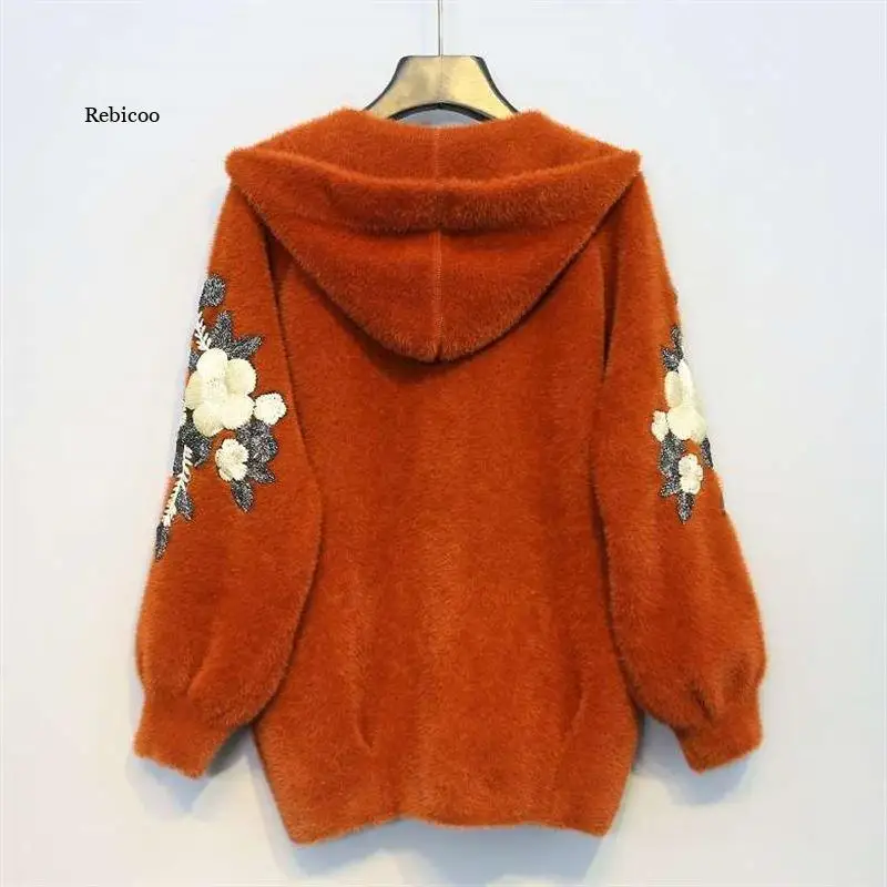 ผู้หญิงใหม่ฤดูใบไม้ร่วงฤดูหนาว Thicken Warm Faux Mink Cashmere Hooded Cardigan หญิงเย็บปักถักร้อยหลวมสบายๆถักเสื้อกันหนาว