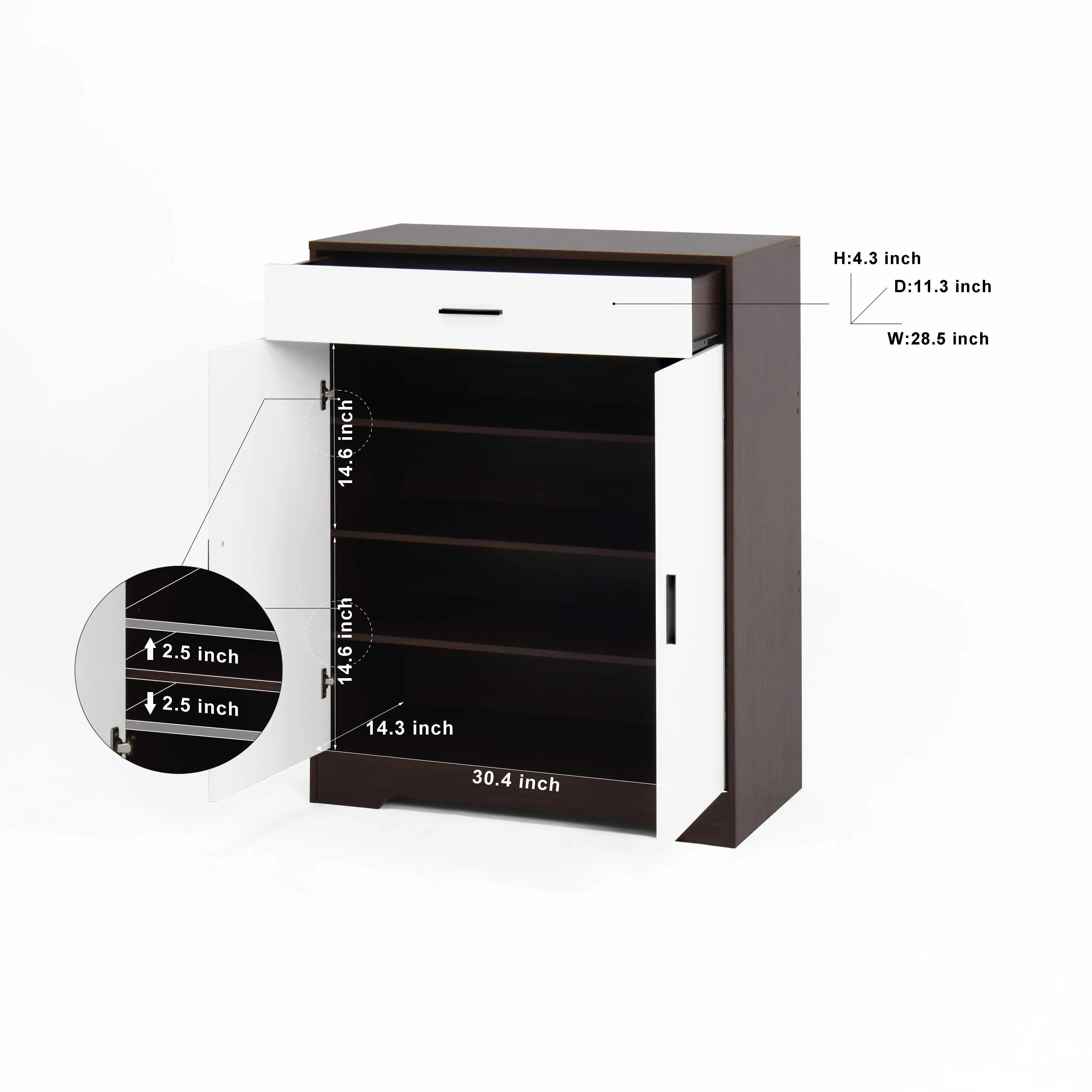 Cabinet with 2 Doors, Adjustable 3 Layers, 12 Pairs & Storage Open Space, White & Dark Brown Shoe Cabinets