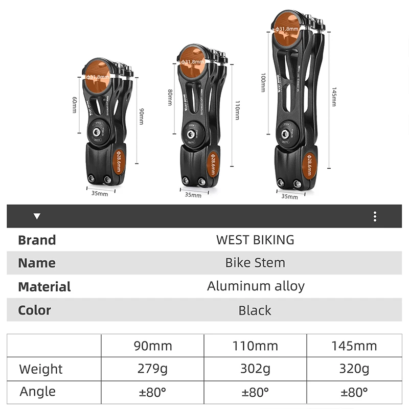 WEST BIKING Durable Bicycle Stem 80 Degree Adjustable Aluminum Alloy Mountain Road Bike Stem 90 110 145 MM Bicycle Accessories