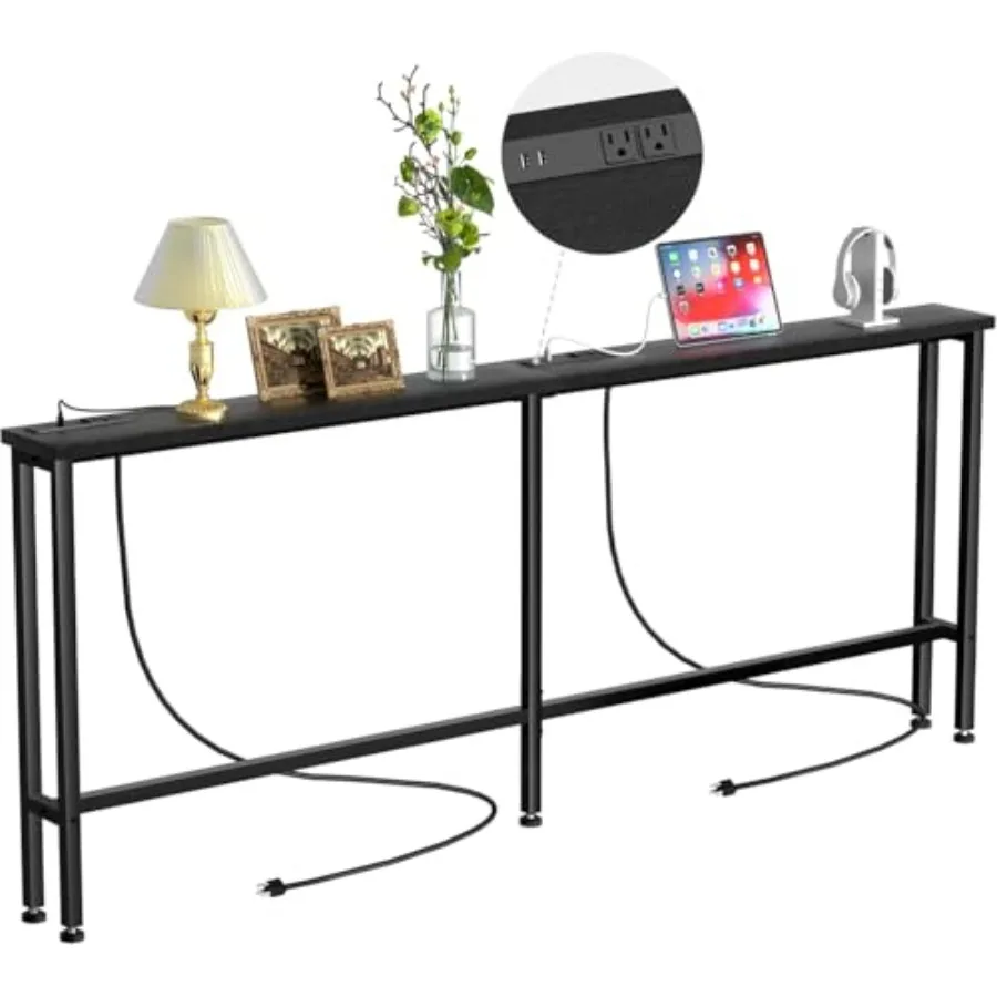 

Узкий консольный столик 102 дюйма - 2 розетки и 4 USB-порта, металлический каркас, черный цвет, идеально подходит для прихожей, офиса и установки за диваном.