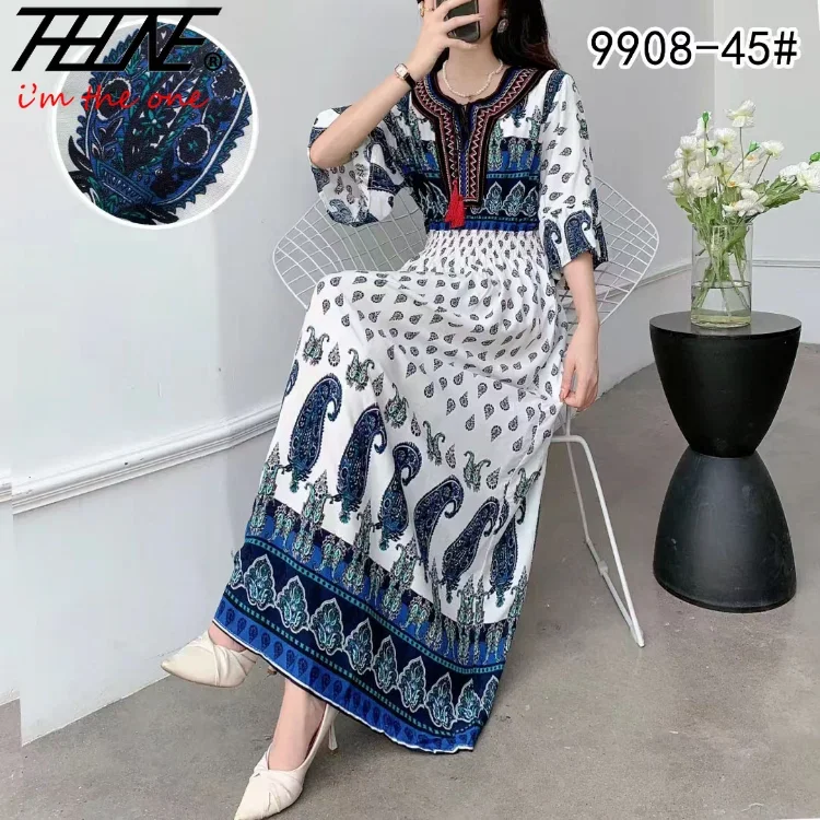 THHONE Long Dress Women Indian Clothes Bohemian Korean Embroidery Floral Cotton Linen Maxi Print Casual Vintage Vestidos Robe