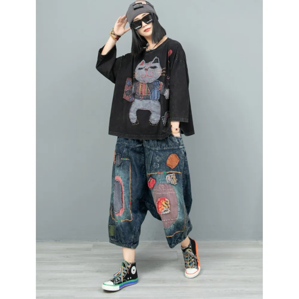 

2024 Autumn Pant Set Hand Embroidered Fabric Black Long Sleeve T-shirt + Blue Denim Jeans Two-piece Set Women ZF089