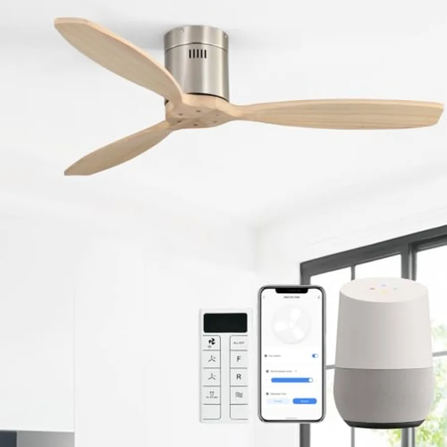 

52-дюймовый умный потолочный вентилятор без подсветки, встраиваемый, из массива дерева, с управлением через приложение Alexa Google, современный, для улицы