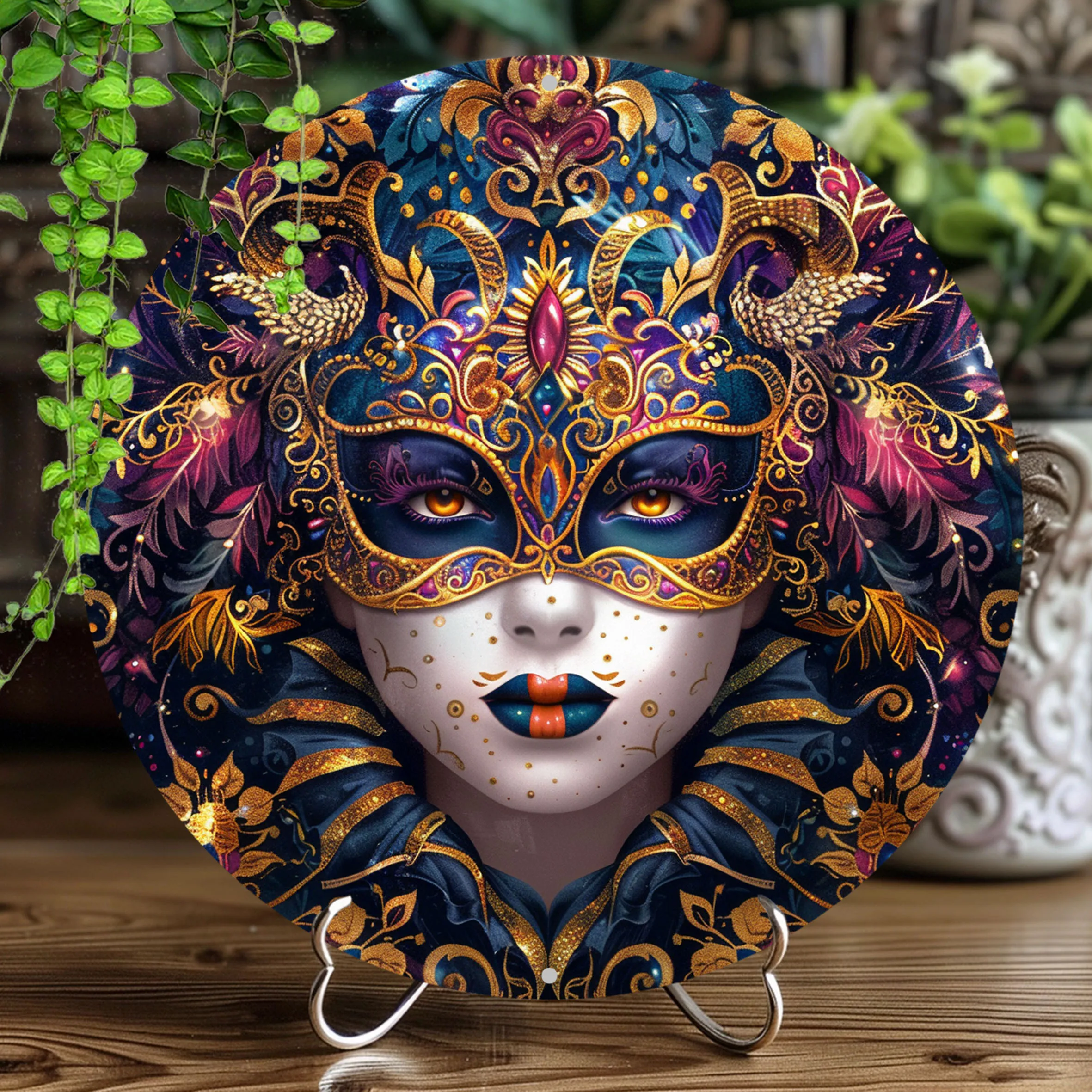 [2D Flat] 1 Stück Vintage Karneval Damenmaske Aluminium Wandkunst – 20,32 x 20,32 cm rundes Metallschild mit aufwendigem Blau, Gold und