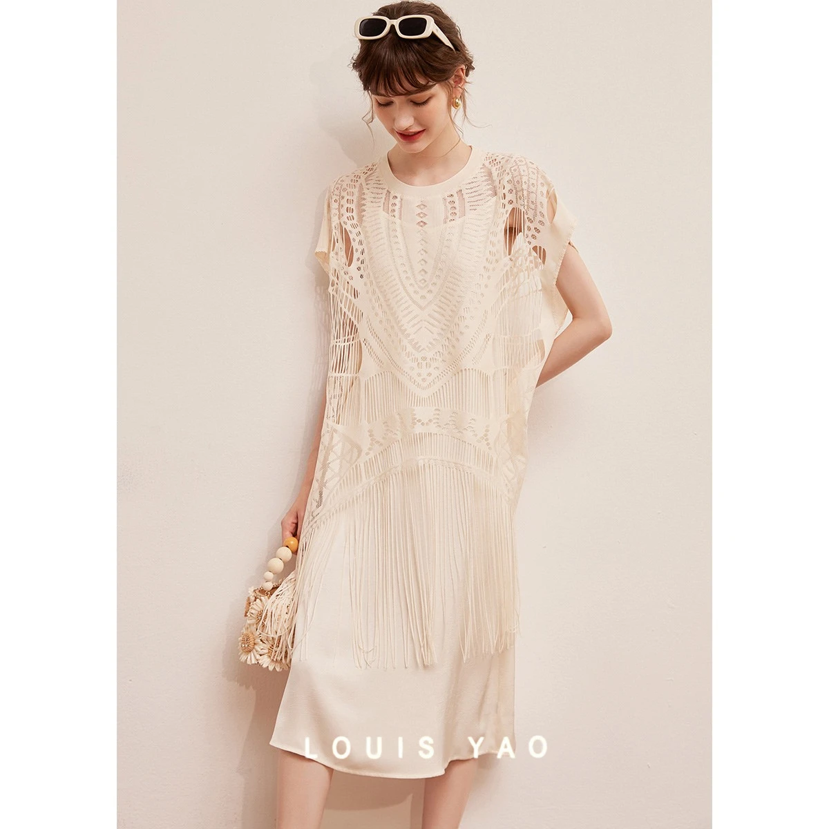 

Hollow Lace Dress Set Two Pieces Tassel Blouse with Suspenders Long Dress Summer Fashion Elegant Women's Suit Female Clothing