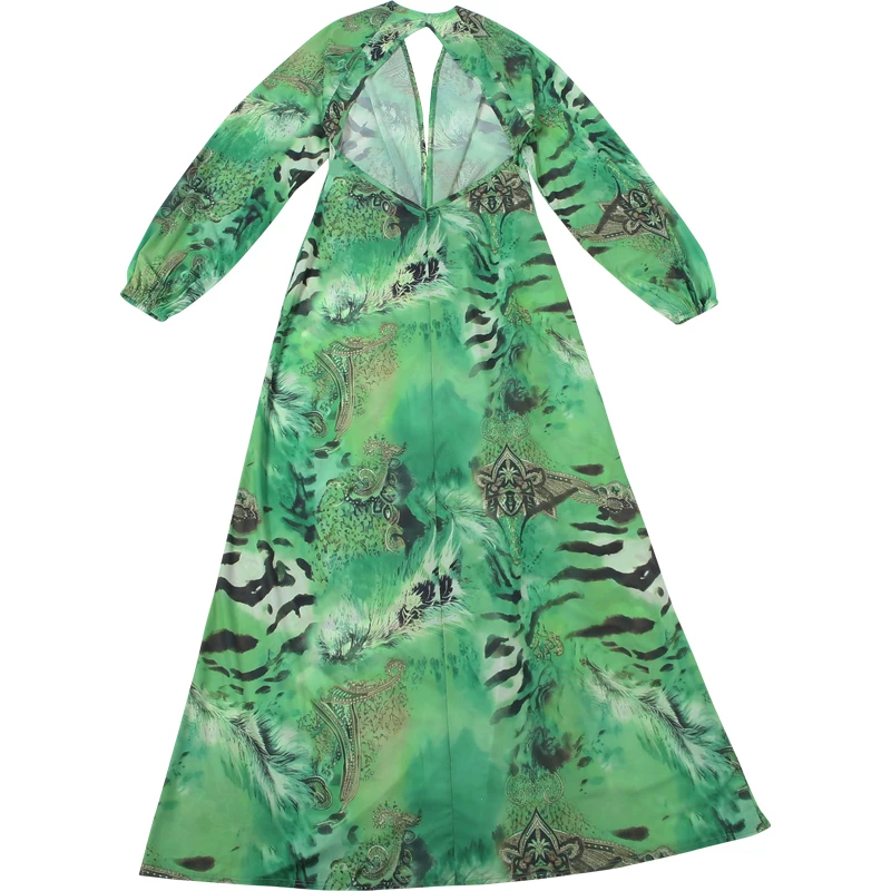 Nibber Laternenärmel Tigerstreifen-Print Langes Kleid Damen Herbst-Trend Tiefer V-Ausschnitt Sexy Rückenfreies Strand-Party Elegantes Kleid