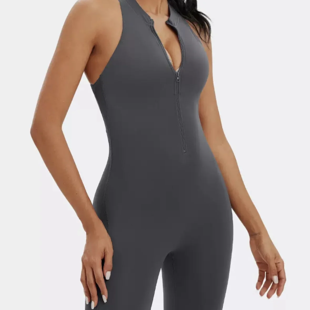 

Серый комбинезон для йоги без рукавов на молнии для женщин для фитнеса