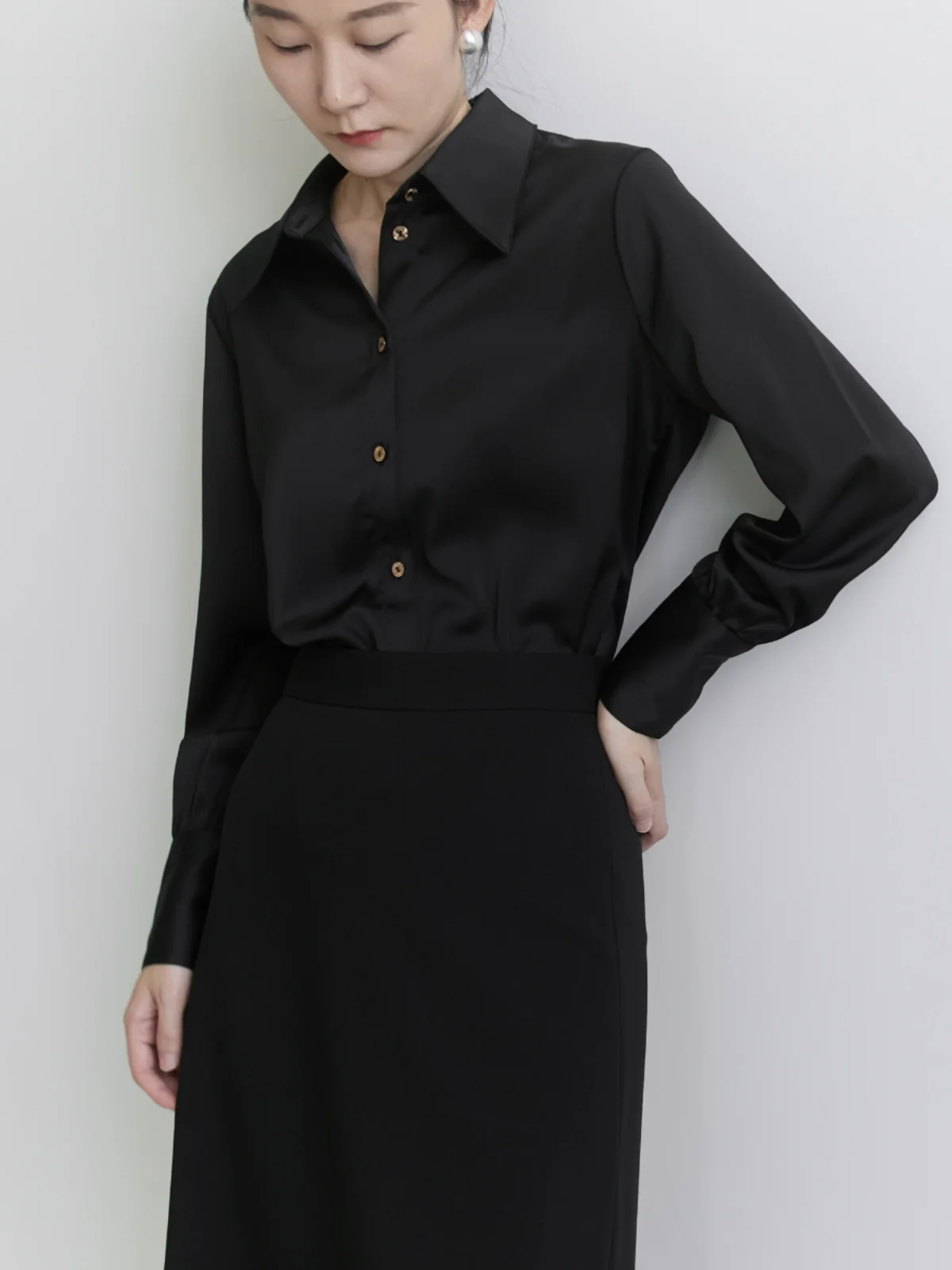 

Ele Bla Long Sve Acetate Satin irt Women's Busin Casual Top Spring Autumn Straight Cut Collar Office Wear