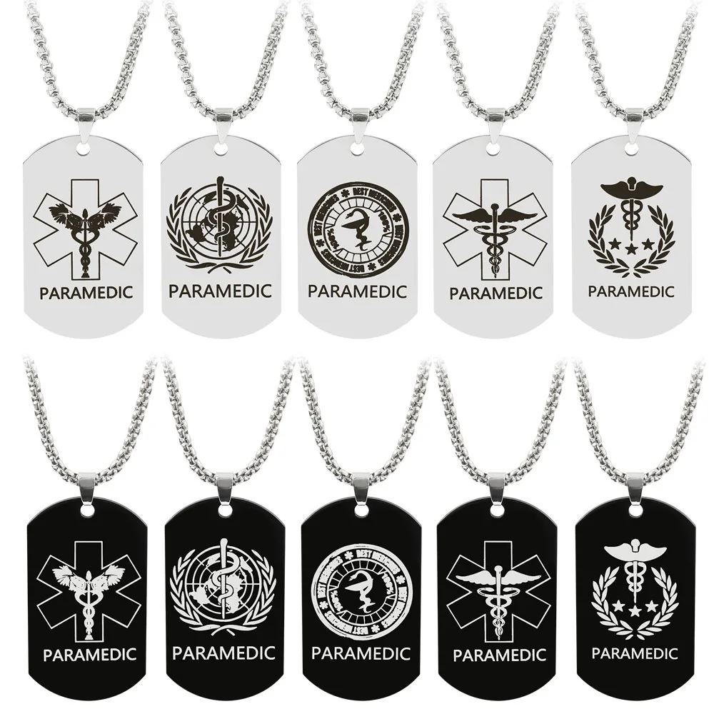 Diabetes Star of Life Logo PARAMEDIC Pattern Dog Tag Necklace Medical Mark Stainless Steel Pendant Chokers for Men Women Jewelry