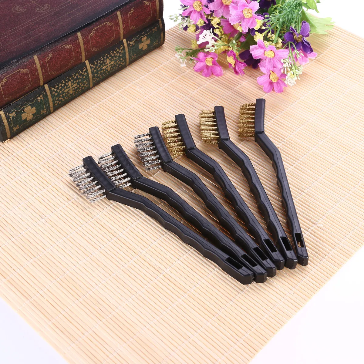 

6Pcs Wire Brush Kit Industrial Grade 18Cm Handle with Brass and Stainless Steel Bristles for Metal Surface Paint Stain Removal