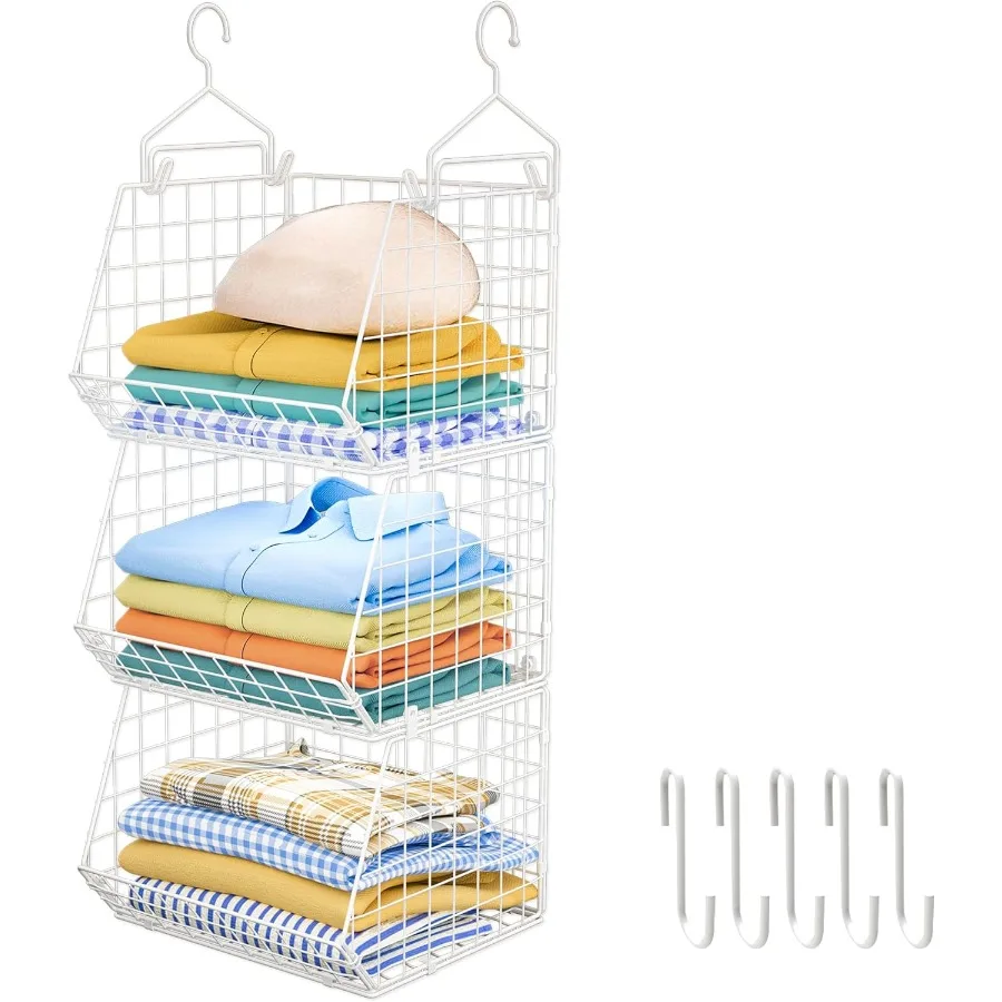 

3 Tier Foldable Closet Organizer Clothes Shelves with 5 S Hooks Wall MountCabinet Wire Storage Basket Bins for Clothing Sweater