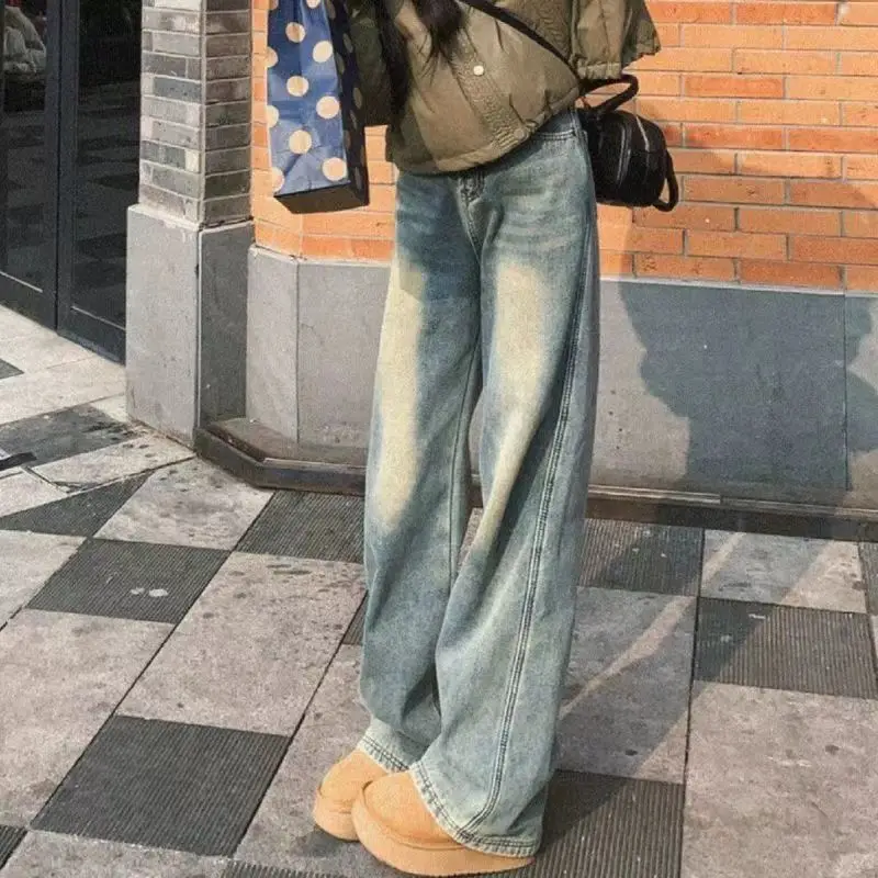 

Vintage Light Color High Waist Wide Leg Jeans for Women American Retro Ins 2025 New Autumn Slim Flared Floor Length Pants