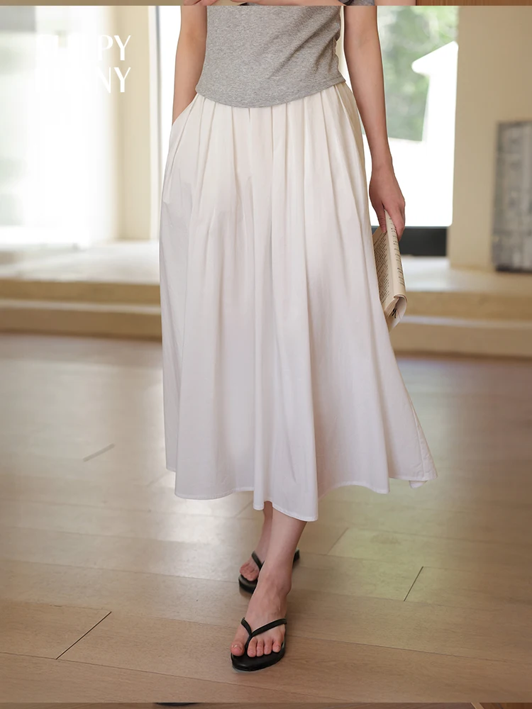 High Waist White A-Line Midi Skirt Women Summer Loose Fit Flowy Pleated Skirt Slimming Elastic Waist Flared Skirt Casual Wear