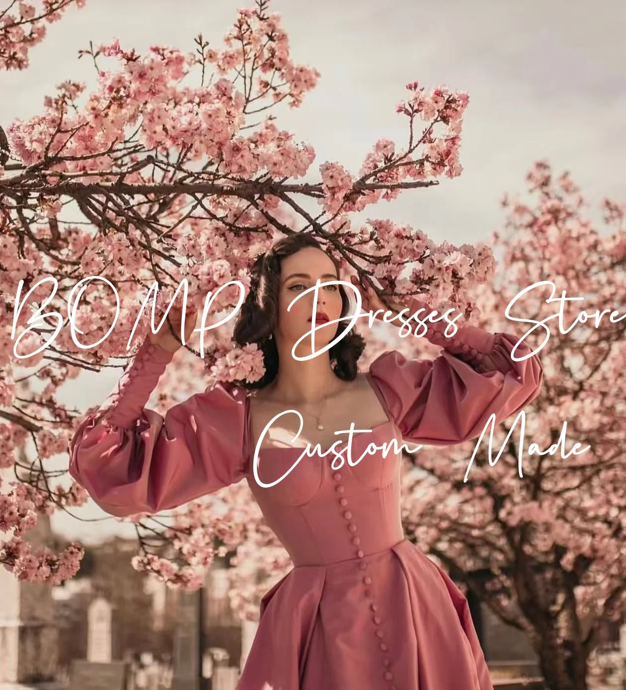 BOMP 빈티지 핑크 웨딩 파티 드레스 스위트하트 풀 슬리브 버튼 바닥 길이 새틴 가든 이브닝 생일 드레스 맞춤 제작