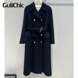 9.4 GuliChic Luxury Fashion Turn-down Collar Double Breasted Long Woolen Coat With Belt Slim Outerwear Women