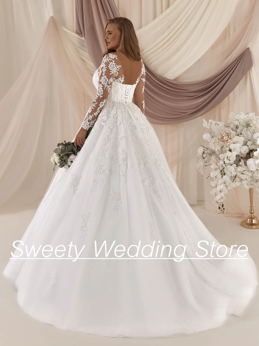 فستان زفاف كلاسيكي مقاس كبير مخصص بأكمام طويلة ورقبة سكوب مزين بقطار سويب فيستدوس دي نوفيا مشد فستان زفاف