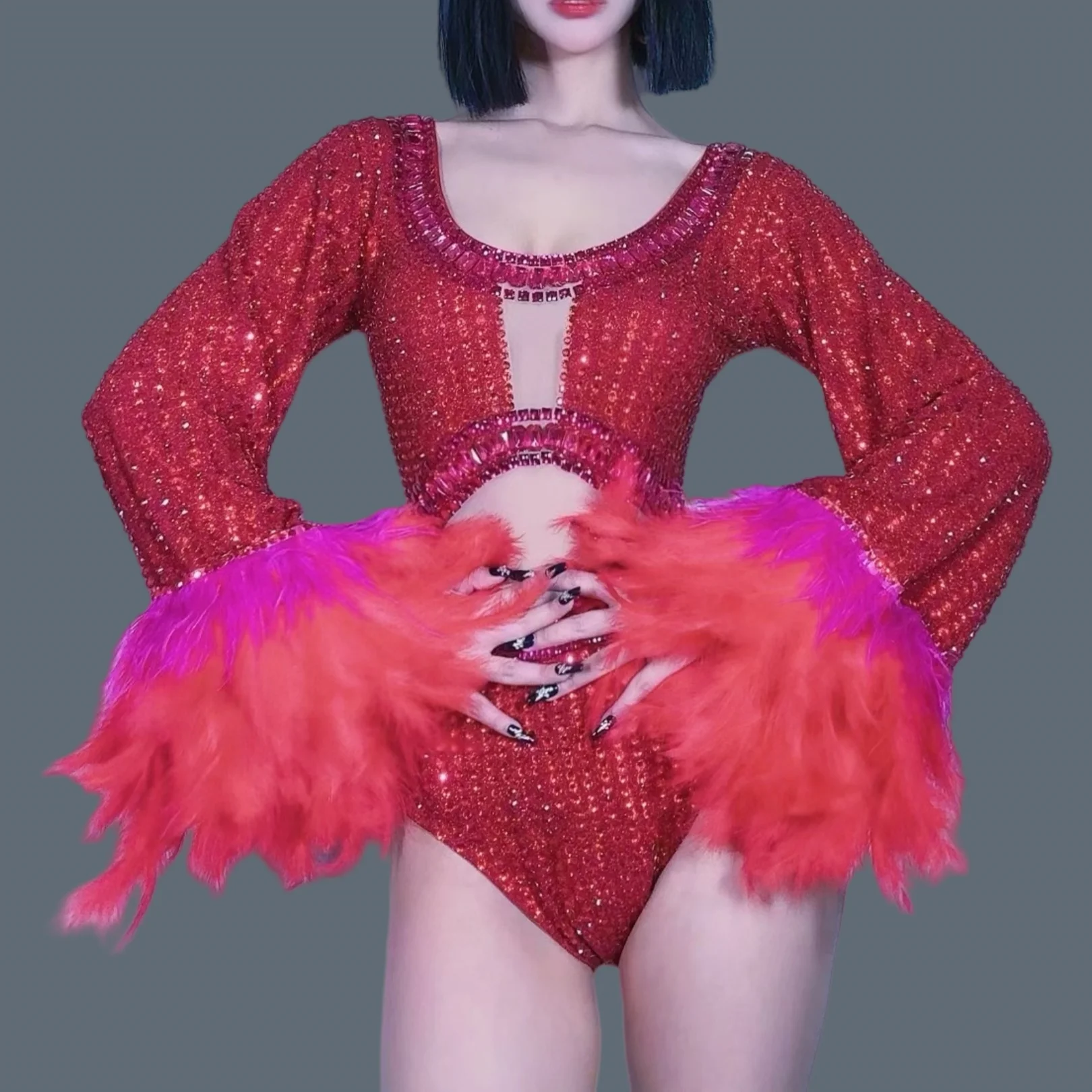 

Event Stage Drag Queen Performer Wear Red Sparkly Full Rhinestone Bodysuit Dance Bell Long Sleeve Catsuit Showgirl Outfit Lieyan