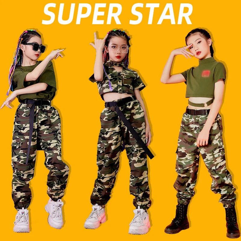 Sleeve Camouflage Suit Hiphop Pants Boys Street Dancewear Camp Military Training Clothing Hip Hop Girls Clothes Short