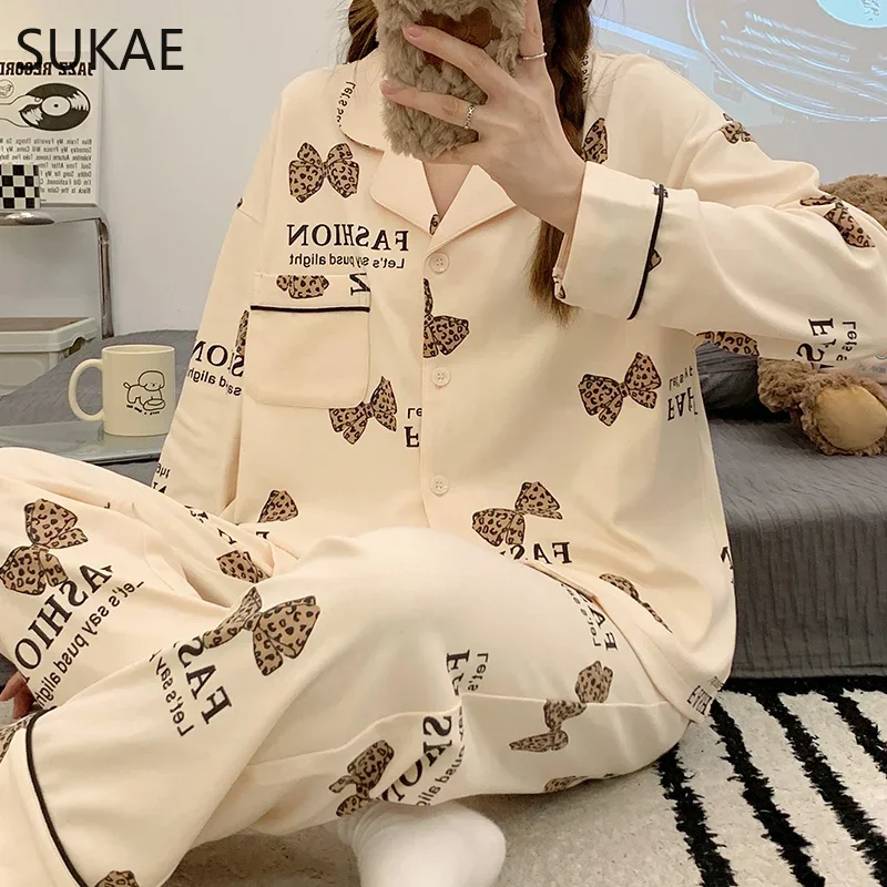 SUKAE Spring Autumn Knttted Cotton Women's Pajamas Set Turn-down Collar Homesuits Cartoon Sleepwear Girls Homewear Woman Pajamas