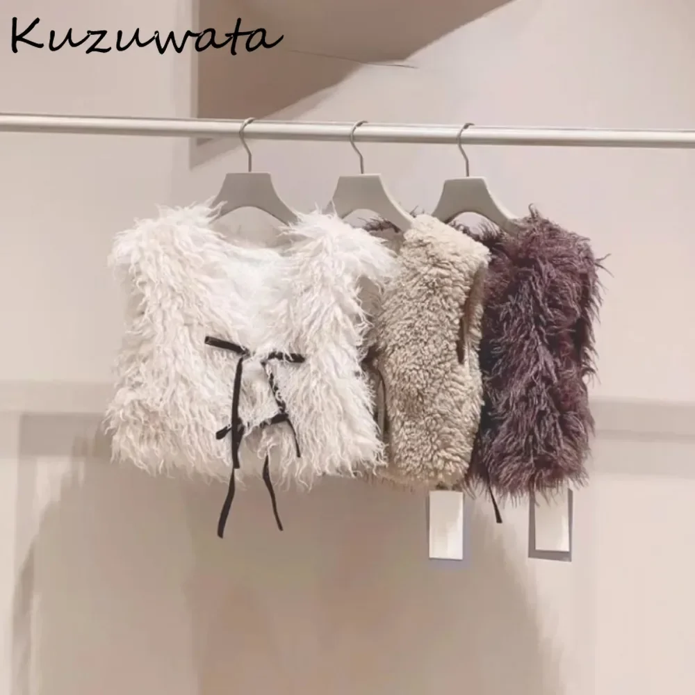 Kuzuwata Vintage French Style Fur Fluffy Vest Lace Up Elegant Minority Feminine Office Lady Jacket Japan Sweet Moda Fresh Coat