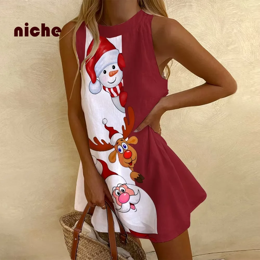 Robe en fibre de coton et lin à col rond pour femme, impression graphique du père Noël, taille haute, tendance élégante, jupe de plage, haute qualité