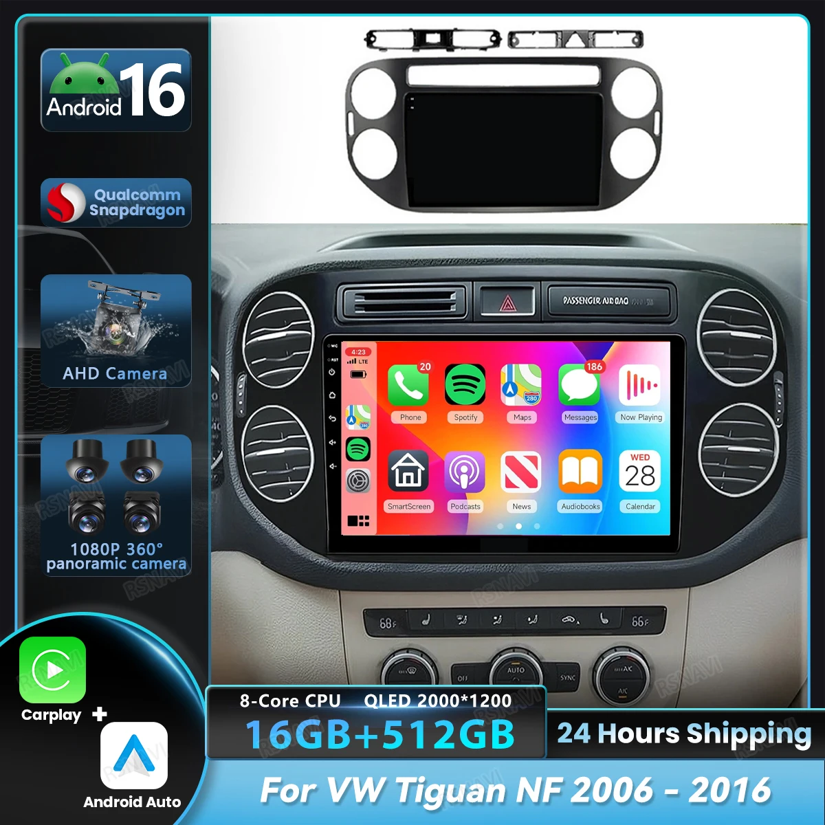 Android 16 Carplay Qualcomm Car Radio For VW Volkswagen Tiguan NF 2006 - 2015 2016 Player Multimedia 2K Screen Stereo Head Unit