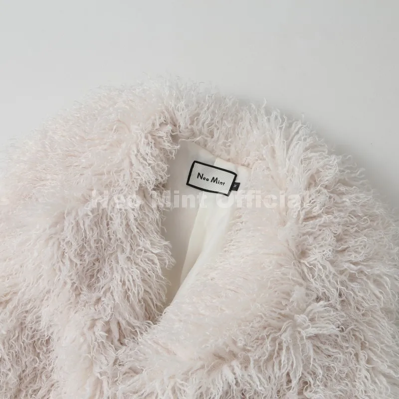 Neo Mint Winter 2025 Trend Burgundy Obsession Long Faux Mongolia Sheep Fur Jacket Coat Women Chic Lapel Collar Fluffy Overcoat