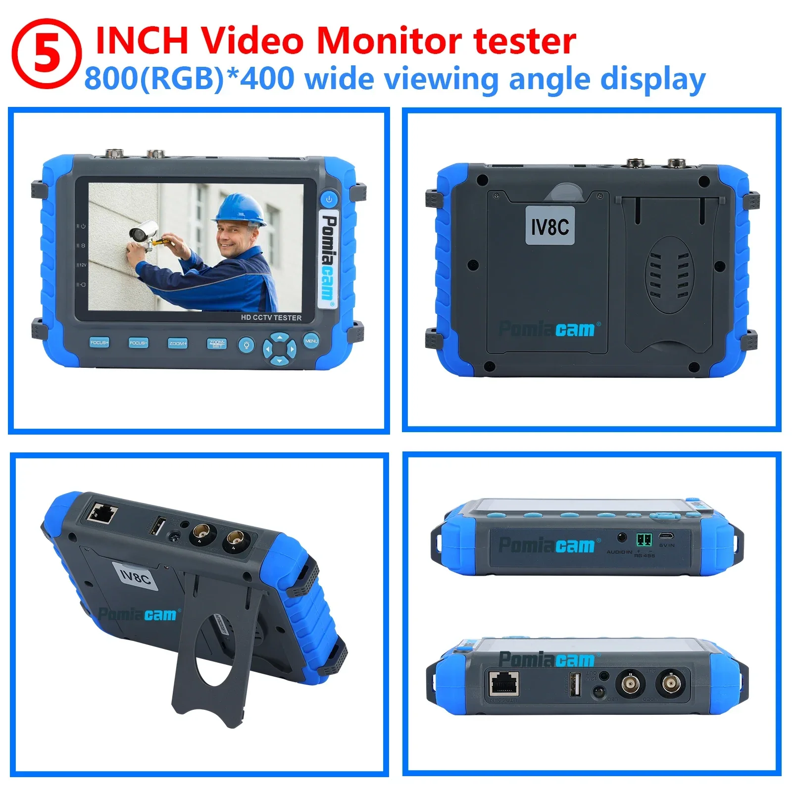 HD Coaxial Camera Tester CCTV Tester Monitor IV8C Support 8MP CVBS AHD TVI CVI 4-In-1 Tester 5 Inch Screen with PTZ Controller