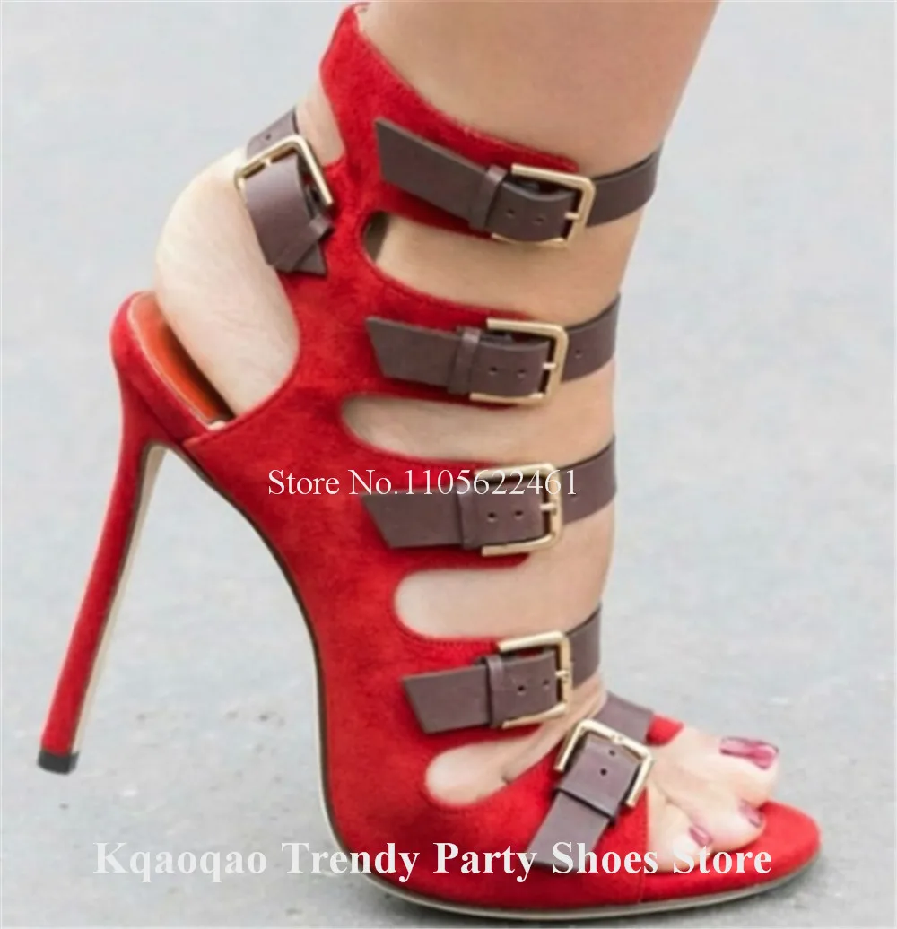 Kqaoqao Brown Straps Patchwork Red Blue White Suede Stiletto Heel Gladiator Sandals Open Toe Cut-out Thin Heel Party Heels