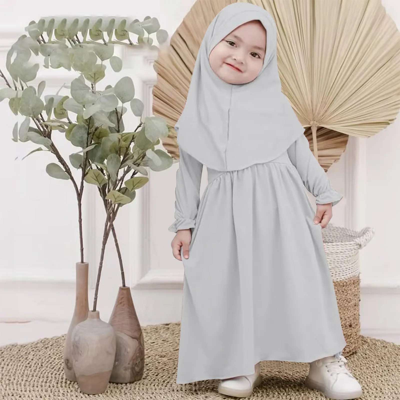 Muslim Abaya Robe And Headscarf Set For Girls 0-5 Years Pure Color Robe With Hijab Girls Outfits&Set Children Muslim Outfits