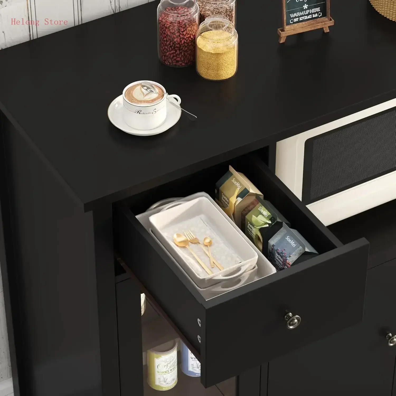 [XMSJ]Microwave Cabinet, Kitchen Storage Cabinet with 3 Doors and 1 Drawer, Buffet Sideboard with Adjustable Shelves, Microwave