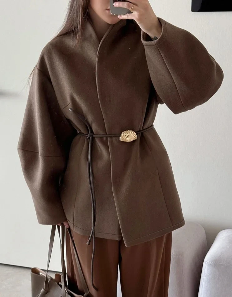 

Women's Solid Woolen Coat Elegant Full Sleeves Waist Tie Loose Outfit Fashionable Autumn Commuting