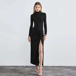 Women Dresses New Autumn Solid Sexy Split Elegant Maxi Dress Streetwear Fashion Long Sleeves Turtleneck Casual Slim Dress Female