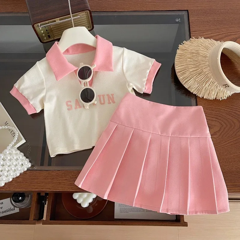 Girls Suits Summer Short Sleeve Polo Shirt+Pleated Skirt Fashion Korean Kids Casual Clothing Two Piece Sets Toddler Girl Clothes