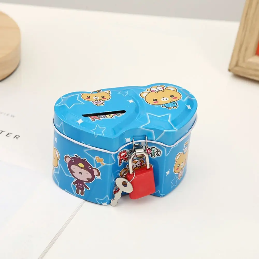 With Lock and Key Tinplate Piggy Bank High Capacity Cute Coin Savings Box Cartoon Print Design Iron Art Kids Storage Jar Girl