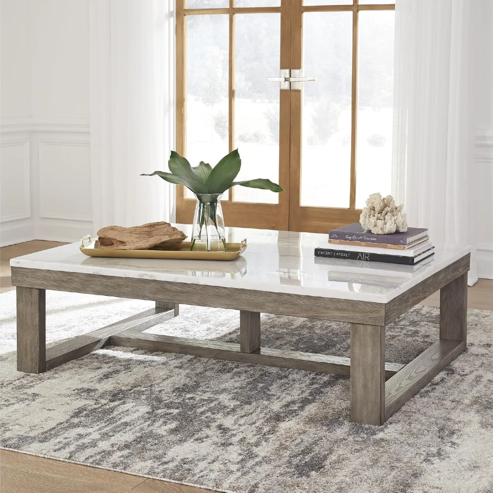 Signature Design by Ashley Loyaska Casual Cocktail Table with Natural Marble Top, White & Light Gray