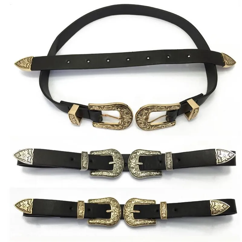 New Women Ladies Double Buckle Leather Belt Fashion Vintage Carved Double Buckle Cowhide Belt Gold and Silver Buckle Casual Belt