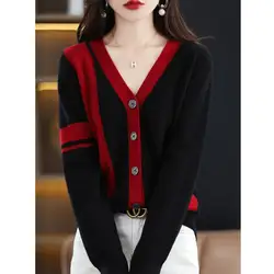 2024 Autumn Winter New Knitting Cardigan Ladies Sweater Coat Korean Loose V-neck Patchwork Top Tee Women Clothing All-match Tops