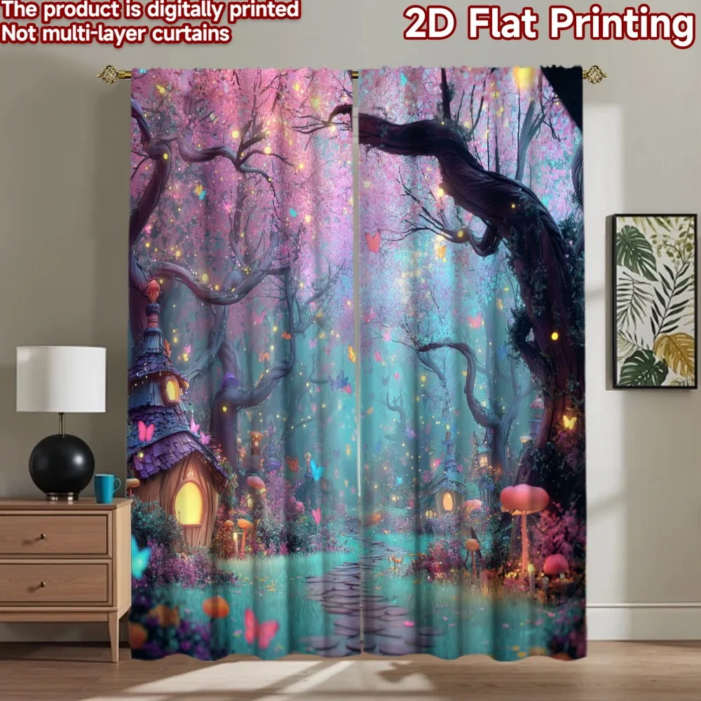 

2D flat printing 2pcs Drapes Enchanted Forest Butterflies Magic Pathway Digital Printed Polyester Drapes Festive Wall Decor for