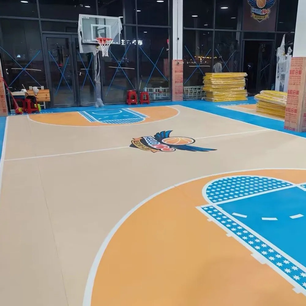 실내 나뭇결 PVC 스포츠 바닥 농구 코트 바닥재, 흰색 라인 로고, 4.5mm, 6.0mm