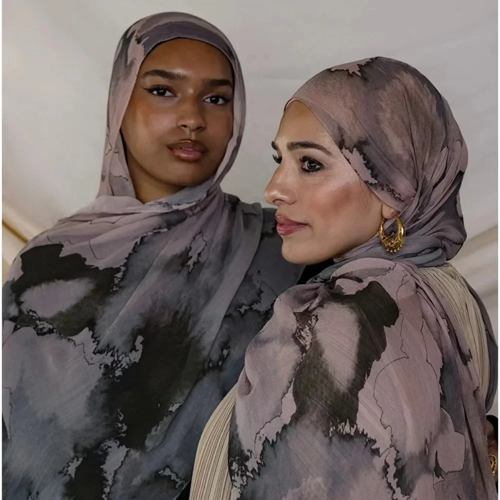 Foulard Hijab en Satin Polyester et Coton pour Femme, Écharpe Imprimée, Turban en Mousseline, Vêtements Islamiques, 180x80cm, Nouvelle Mode