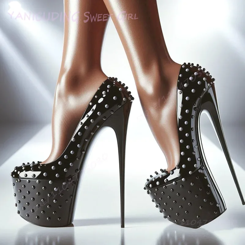 

High Platform Black Pump Rivet Stiletto Heels Women Round Toe Sandals Sexy Pole Dance Patent Leather Matte Custom 46Size Shoes