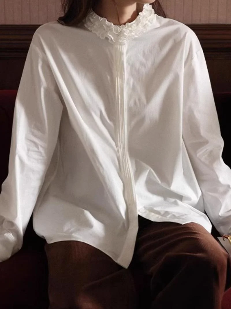 

Elegant White Petal Collar Shirt Women's Inner Wear Rouje Kefss Brand Spring Autumn Cotton Long Sleeve Midi Length Shirt