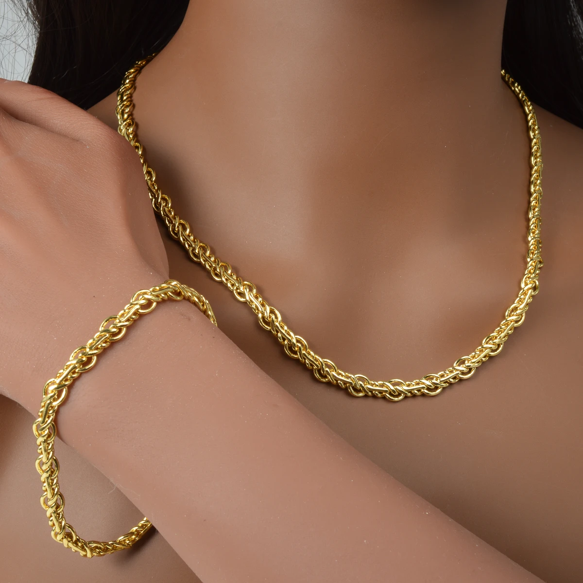 Unisex Polished Twisted Rope Chain Necklace Bracelet Set Gold Plated Copper Chain Accessory For Weekend Gathering Birthday Gift