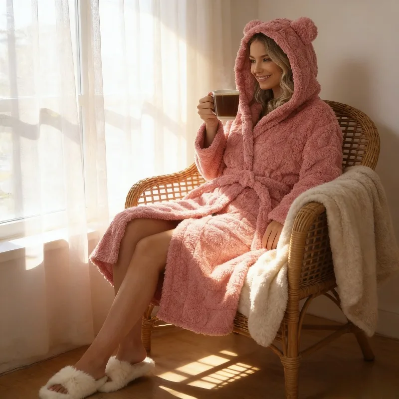 Cute Hooded Tie Front Loungewear Home Wear Womens Fall Winter Robe Bathrobe Heart Flannel Sweet