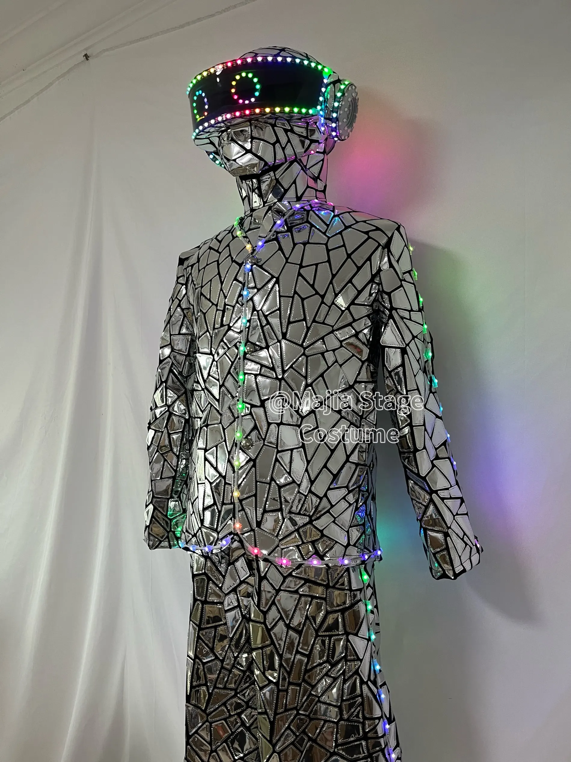 

LED Stilts Walker Robot Costume with Mirror Sequin Fabric Suits And Glasses for Stage Performance Cosplay Entertainment Events
