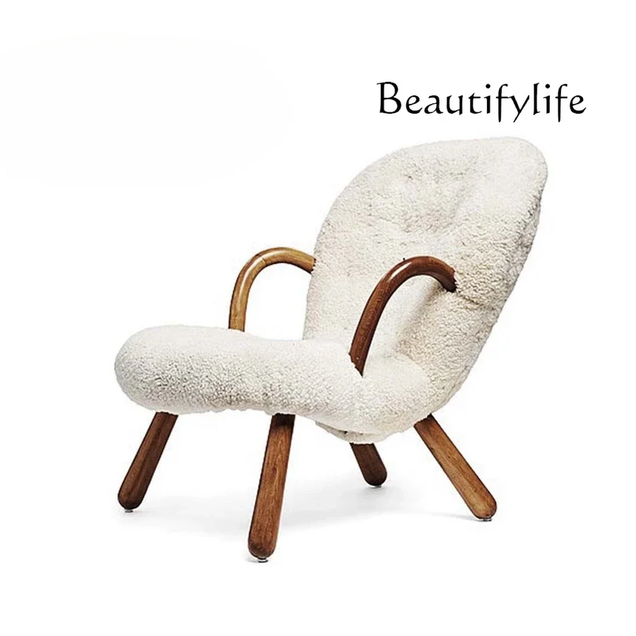 

S Nordic Modern Minimalist Solid Wood Horn Lamb Wool Leisure Chair Walnut Color Armrest Couch