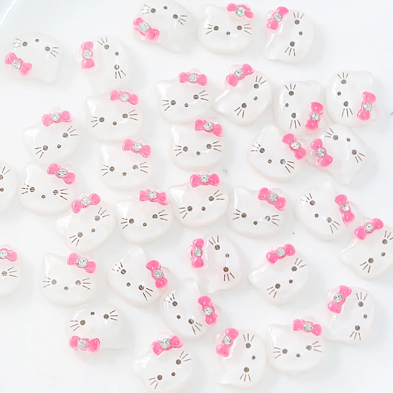 Set of 100 pcs Glitter Pink/Whi Kitty Head With Rhinestone Cabochons (15mm) Cell Phone Decor, Hair Accessory, Embellishment, DIY