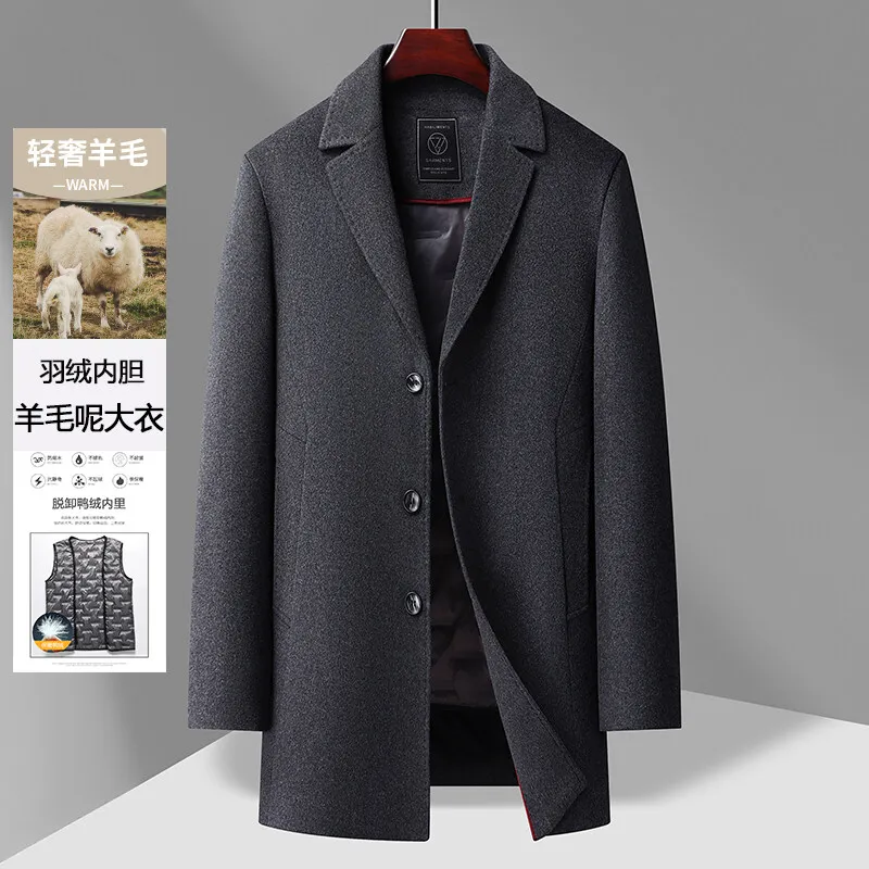 2024 Winter New Men's Medium to Long Woolen Coat with Thick Velvet for Warmth and Leisure, Detachable Down Inner Tank